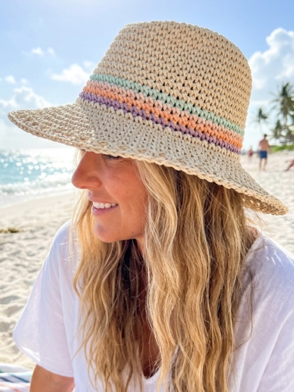 Natural Straw Paper Sun Hat Color Stripes Sun Beach Woven Crochet Look Hat NWT